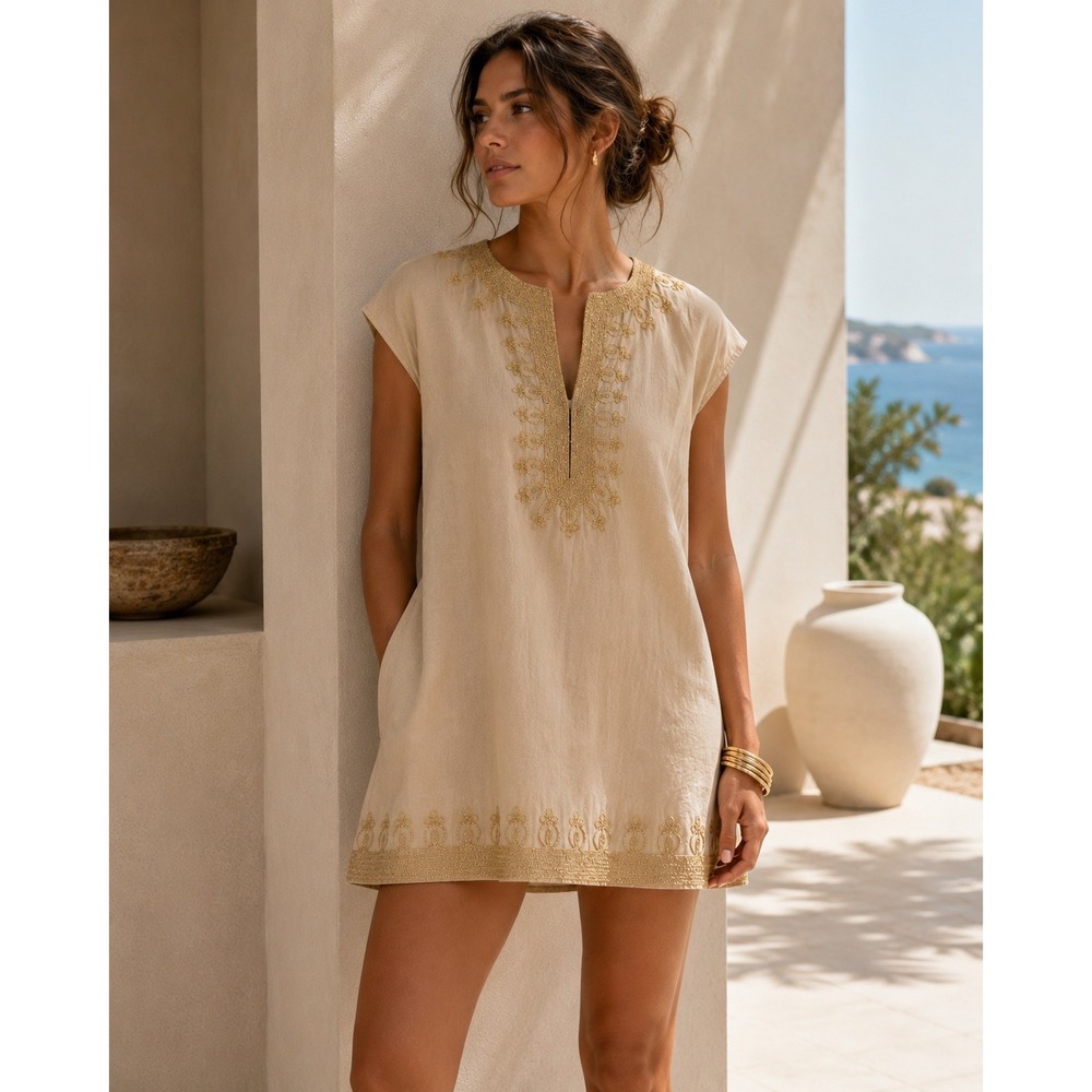 Anthropologie Calypso St. Barth Rowena Shift Dress Women L Tan Gold Embroidered